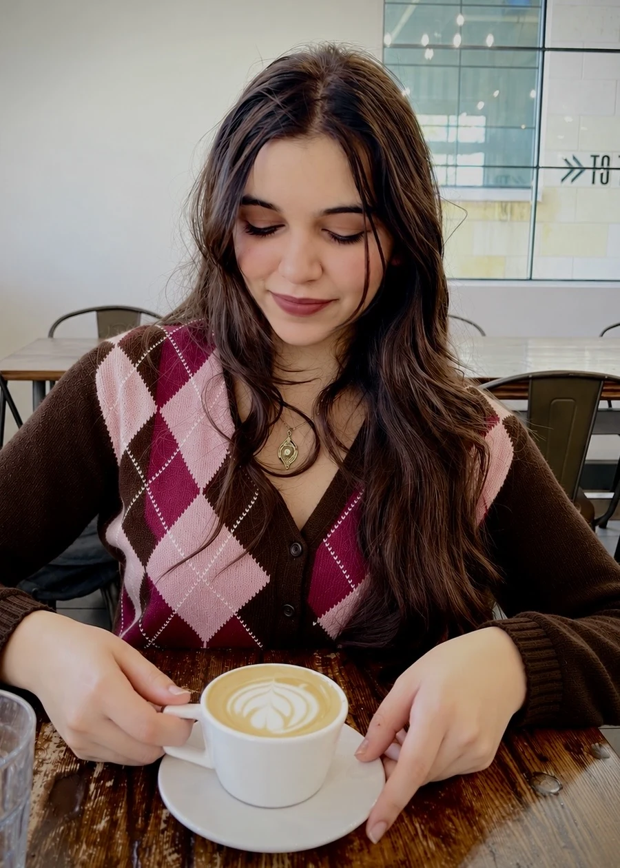 Suhani in a pink and brown argyle cardigan, smiling down at a latte with a leaf in the foam